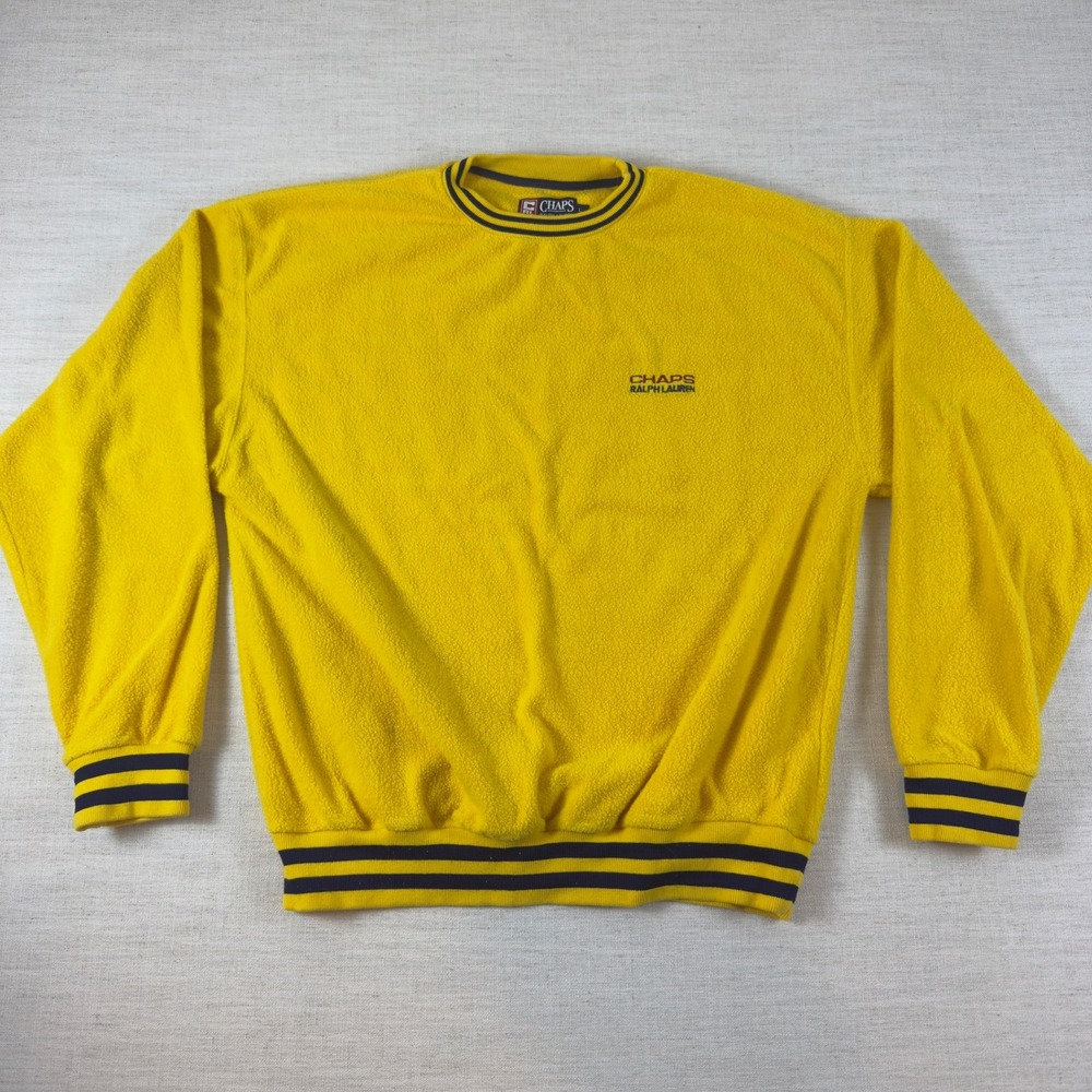 Chaps Ralph Lauren Vintage Yellow Fleece Sweatshirt Mens Large Striped Trim